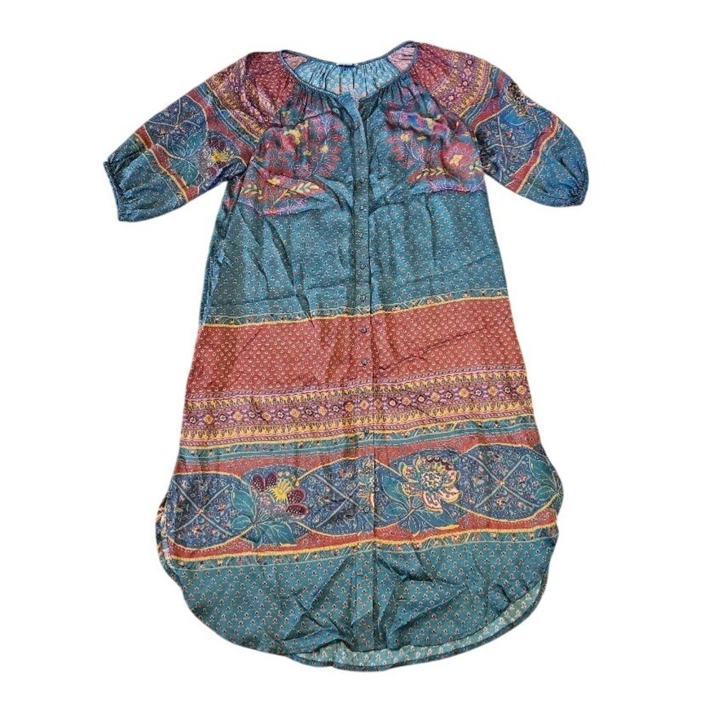 Sundance Women Teal Red Boho Paisley Floral Button Front Midi Dress Large